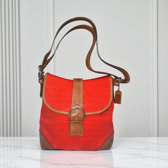 VTG Coach Soho Signature Flap 6378 Red Canvas Tan Leather Convertible Y2K Bag - Picture 1 of 11